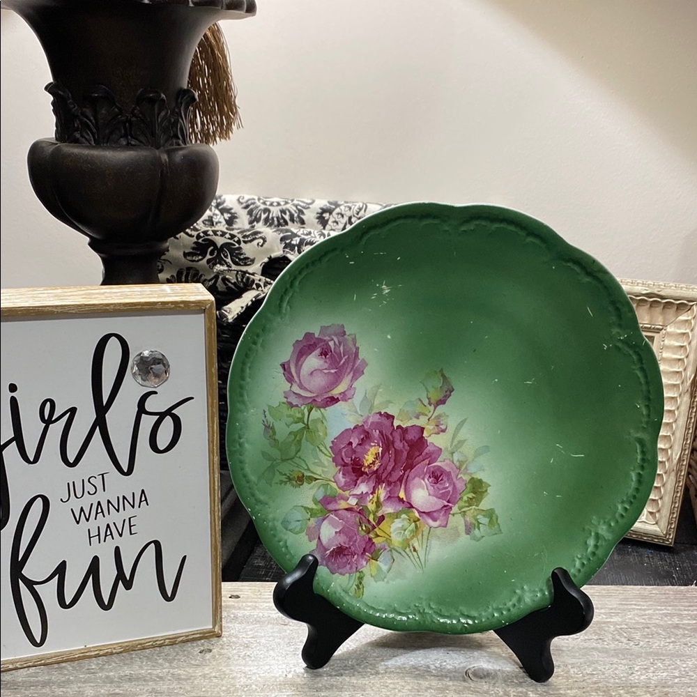 Green Antique Vintage Rorstrand 9” Plate with Pink Roses Design!